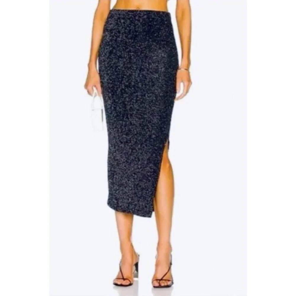 House of Harlow Midi Skirt M Medium Metallic Silver Black Pull On Slit Festive - Picture 2 of 8